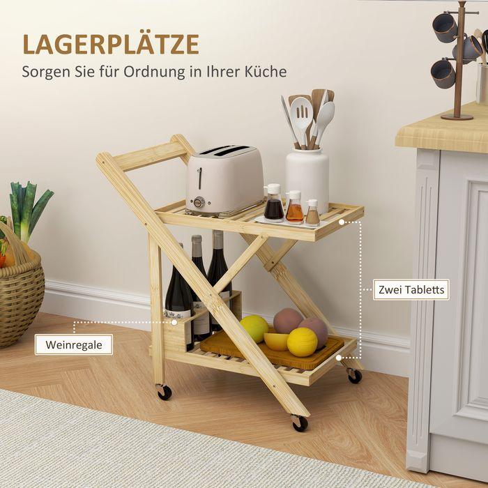 Image du produit Swisshandel24 Küchenwagen Servierwagen mit Arbeitsplatte, 2 Ebenen, Weinregal, für Büro Natur