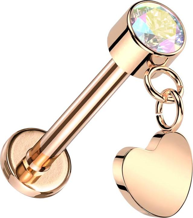 Immagine prodotto Star Piercing Labret micro senza fili oro rosa cilindro oro rosa cristallo multicolore ciondolo cuore oro rosa (senza ottone, Titanio G23)