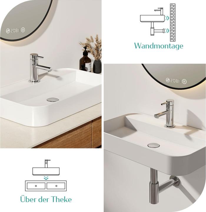 Produktbild Emke Aufsatzwaschbecken Keramik Waschbecken Hängewaschbecken Eckiger Waschtisch Weiss Glänzend 400 x (400 mm, 400 mm)