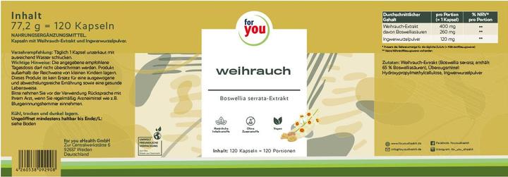 Nährwerte und Zutaten For You weihrauch (120 Stück, Kapseln, 77.20 g)