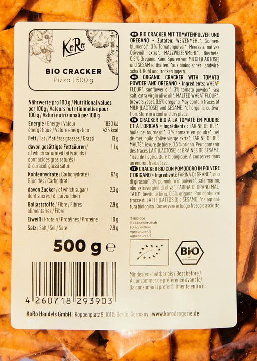 Valori nutrizionali e ingredienti KoRo Cracker biologici con polvere di pomodoro e origano (3000 g)