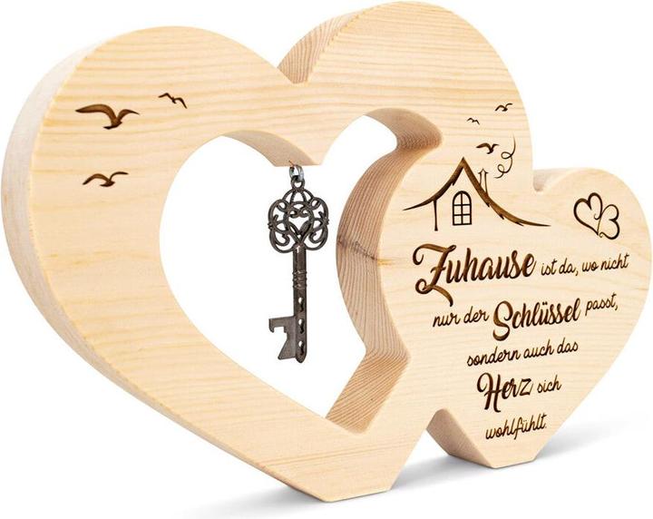 Produktbild ZNatur Zirben Arven Holz Geschenk Deko Herz schwebend mit Schlüssel und Gravur Zuhause No.22 (20 x 30 x 3.5 cm)