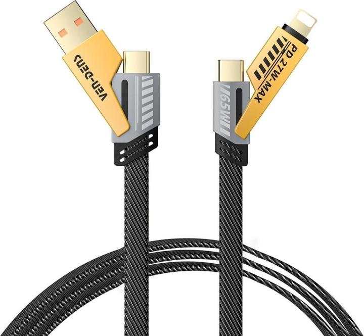 Ven-Dens 4-in-1 Flexible & Flip USB-C, Lightning, USB-A 65W, 27W PD Kabel 1.2m (USB 3.2 Gen 1)