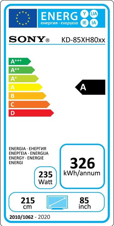 Etichetta energetica Sony KD85XH8096 (85", LCD, 4K, 2020)