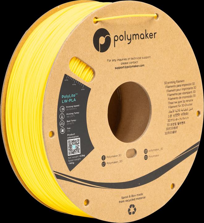 Actual product image Polymaker PolyLite LW-PLA (PLA, 1.75 mm, 800 g, Yellow)