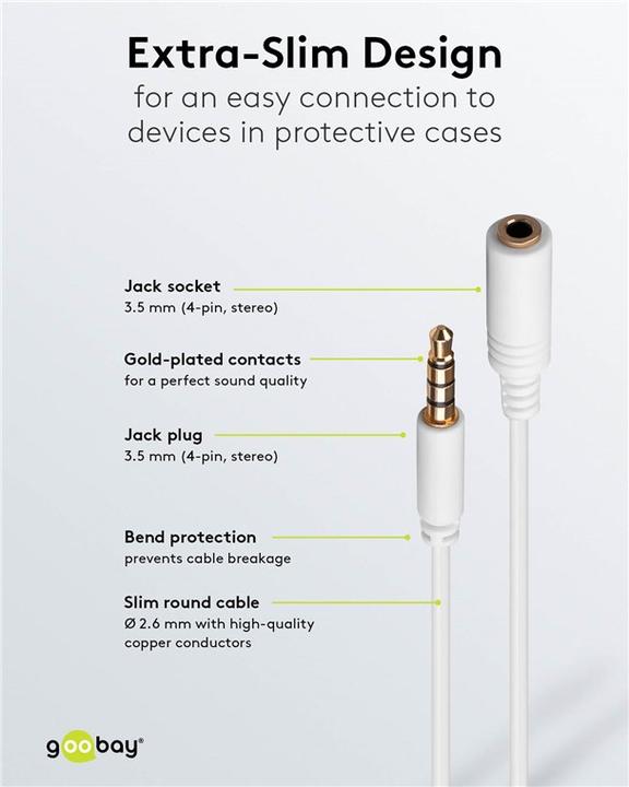 Actual product image Goobay Headphone and audio extension cable AUX, 4-pin 3.5 mm slim, CU (0.50 m, Extension)
