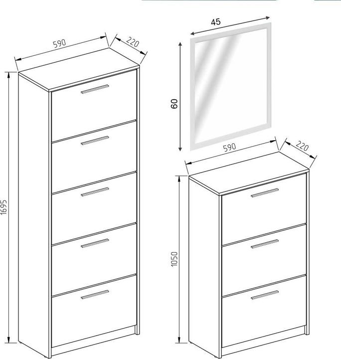 Immagine prodotto Vicco Carrello porta scarpe Gizmo, bianco lucido/bianco, set con specchio (45 x 60 x 2 cm, 59 x 170 x 22 cm, 59 x 105 x 22 cm)