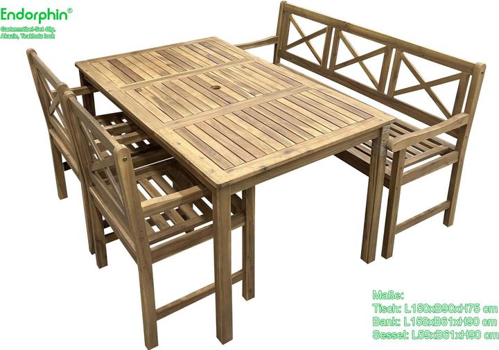 Actual product image Garden seating set made of solid acacia wood in teak look, 4 pieces (table, bench, 2 chairs)