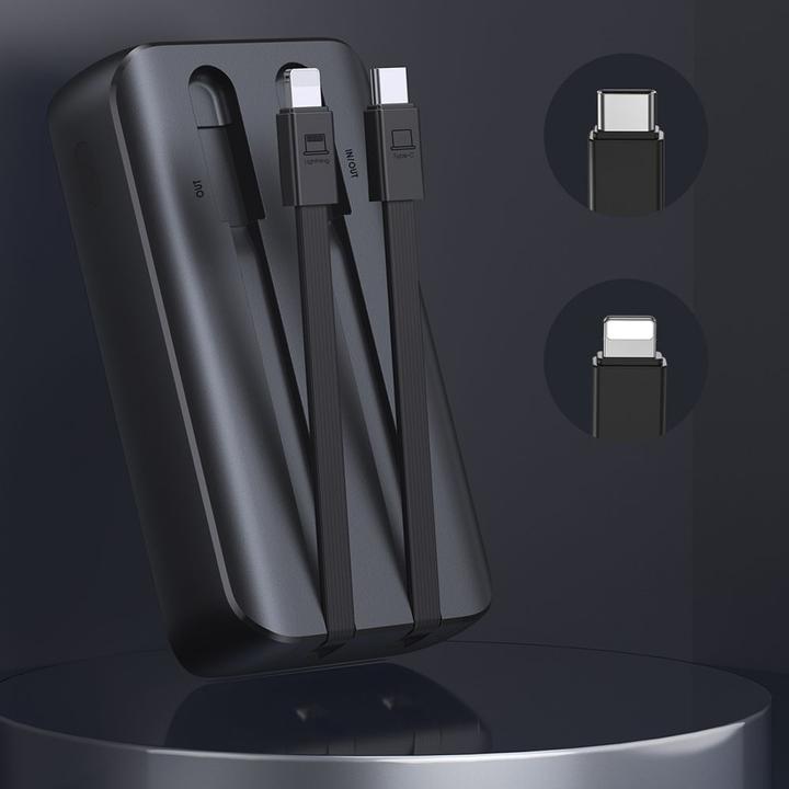 Immagine prodotto Joyroom Mini power bank da 30W 20000mAh con cavi integrati, USB-A e USB-C - Nero (10000 mAh, 30 W, 37 Wh)