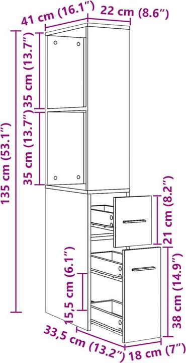 Image du produit VidaXL Armoire de salle de bain Hochschrank Nischenschrank Étroite Roulettes Chêne brun (22 x 41 x 135 cm)