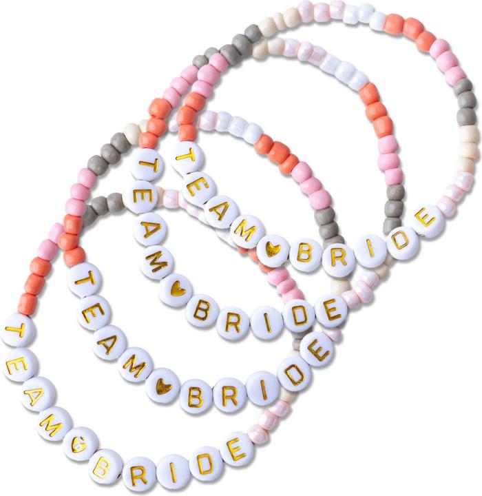 Papierdrachen 4 Perlenarmbänder Brautjunfer – TEAM <3 BRIDE (Kunststoff, Gummi, Stoff)