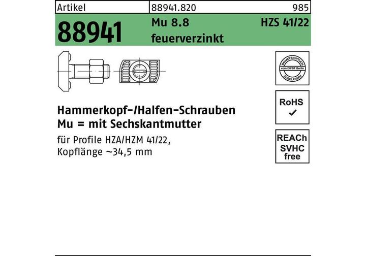 Actual product image Halfen Hammer-head bolt R 88941 type HZS41/22 hexagon nut M 12 x 50 Mu 8.8 hot-dip galvanised