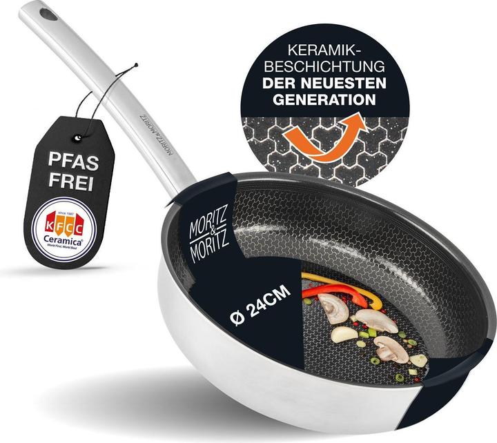 Moritz & Moritz Edelstahlpfanne Wabenstruktur 24cm mit Keramikbeschichtung der neuesten Generation (Pfannenset + Topfset, Edelstahl)