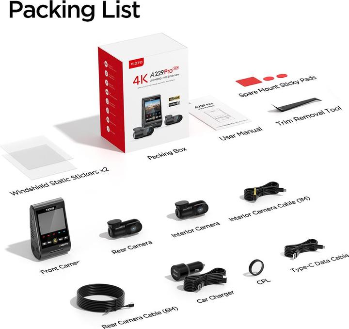 Produktbild Viofo A229 Pro 3CH (GPS-Empfänger, Eingebautes Mikrofon, Eingebautes Display, WLAN, Beschleunigungssensor, Nachtsicht, 4K)