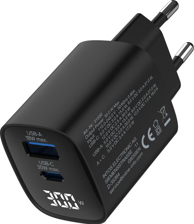 Actual product image InLine USB PD power supply, GaN charger, 2-port, USB-C + USB-A, 30W, with display, black (30 W)