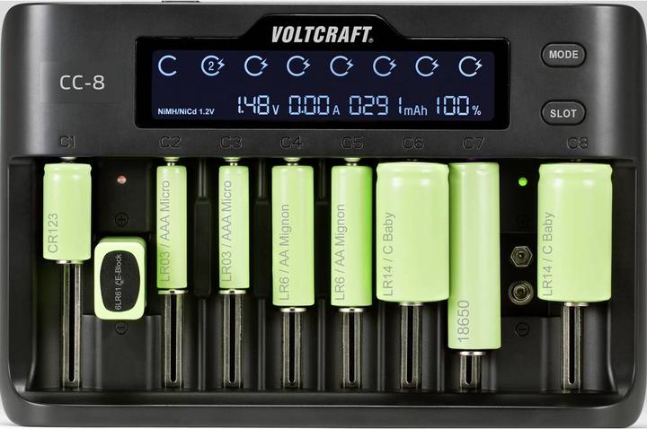 Actual product image Voltcraft CC-8 Round Cell Charger (1 pcs., 10340, 14500, 16340, 17500, 17650, 18490, 18500, 18650, 21700, 22650, 26500, 26650, AAA, A, AA, Sub-C, 9V Block, Chargers without battery)