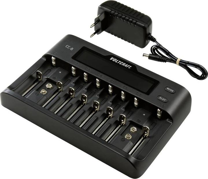 Actual product image Voltcraft CC-8 Round Cell Charger (1 pcs., 10340, 14500, 16340, 17500, 17650, 18490, 18500, 18650, 21700, 22650, 26500, 26650, AAA, A, AA, Sub-C, 9V Block, Chargers without battery)