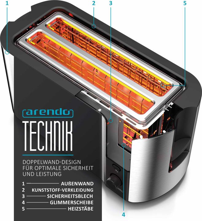 Actual product image Arendo Stainless steel toaster 4 slices long slot, double wall, bun warmer, display with remaining time