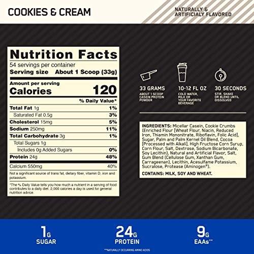 Valeurs nutritives et ingrédients Optimum Nutrition 100% protéines de caséine (Cookies and Cream, 54 pcs, 908 g)