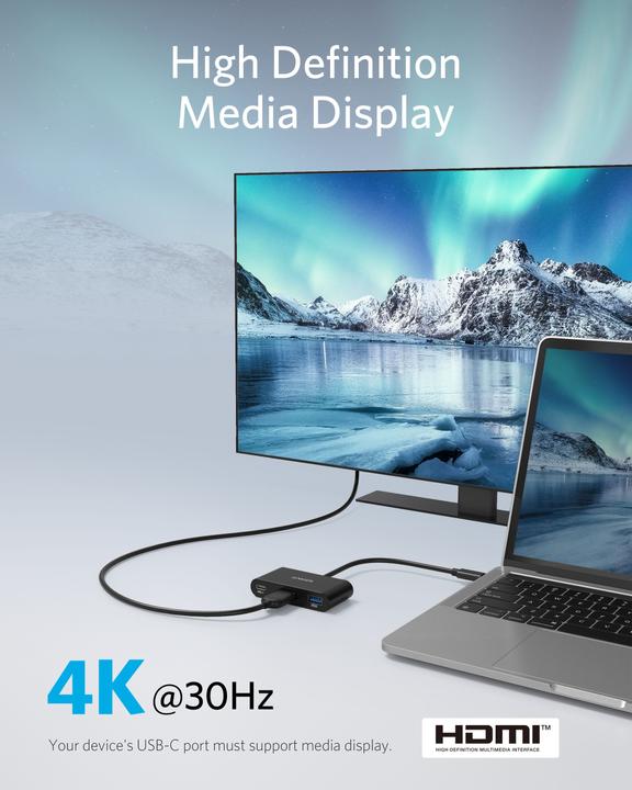 Actual product image Anker 321 USB-C Hub (3-in-1) Ultra compact 1x HDMI 4K 1x USB-C PD 1x USB-A grey (USB-C, 3 Ports)