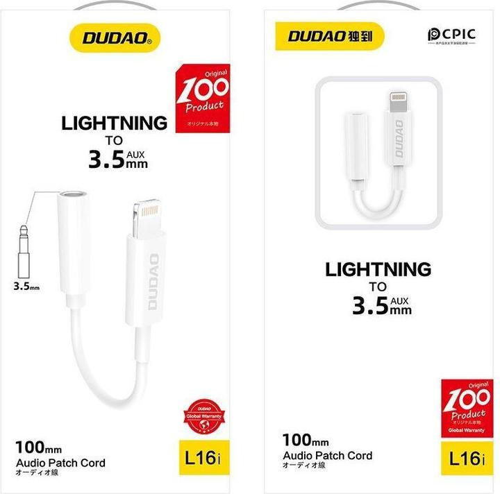 Actual product image Dudao Audio Adapter L16i Lightning to Mini Jack 3.5mm (white) (Lightning, 3.5mm jack)