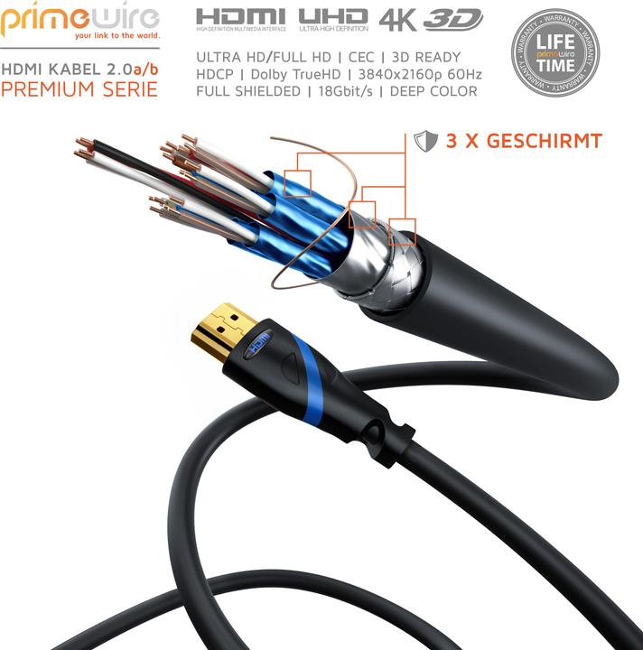 Produktbild Primewire HDMI Kabel 2.0b - 4k 60Hz Ultra HD - Ethernet Highspeed - Full HD - 3D - ARC - 3 fach geschirmt (2 m, HDMI)