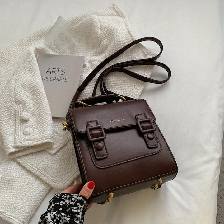 Actual product image Only-Bags.Store Vintage Flap Backpack, Buckle Decor School Bag, PU Top Handle Crossbody Bag