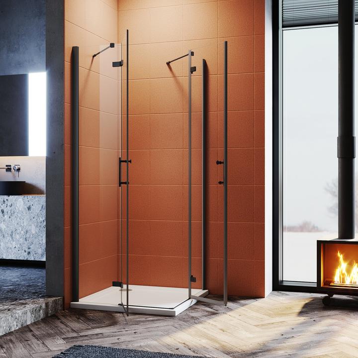 Image du produit SONNI Cabine de douche avec entrée d'angle, 80 x 80 cm, noir, hauteur 195 cm, avec portes suspendues (120 cm, 120 cm, 195 cm)