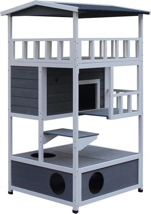 Immagine prodotto PawHut Rifugio per gatti da esterno con terrazza, 4 piani, resistente all'inverno, grigio, 75,5x75x137cm (137 cm, Grigio scuro Bianco)