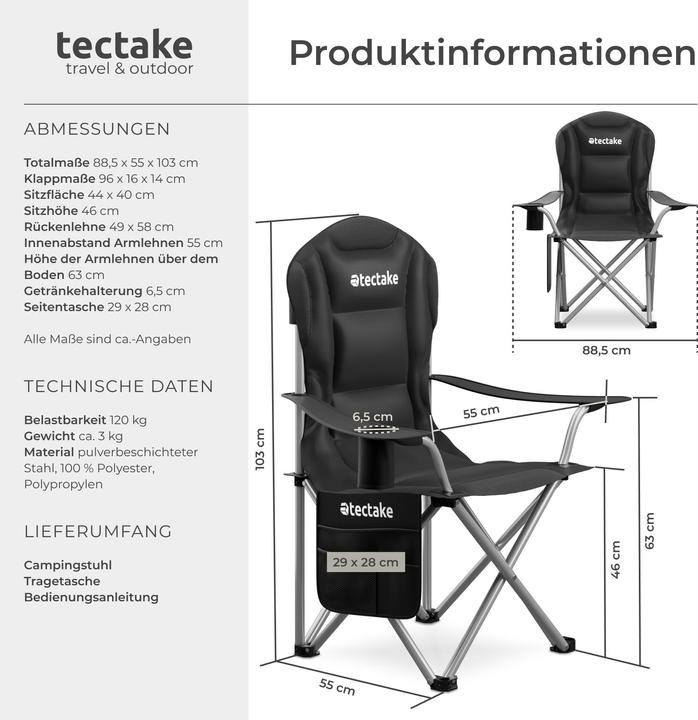 Produktbild tectake Gepolsterter Campingstuhl MTX, faltbar, mit Getränkehalter
