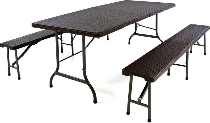 Produktbild VCM Gartengarnitur 1 Tisch 2 Bänke klappbar Rattanoptik Bierzeltgarnitur 180cm braun (25 cm)