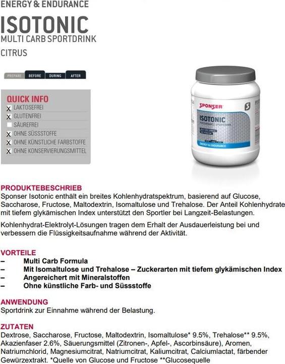 Nährwerte und Zutaten Sponser Isotonic (Multifrucht, 1 Stk., 1103 g)