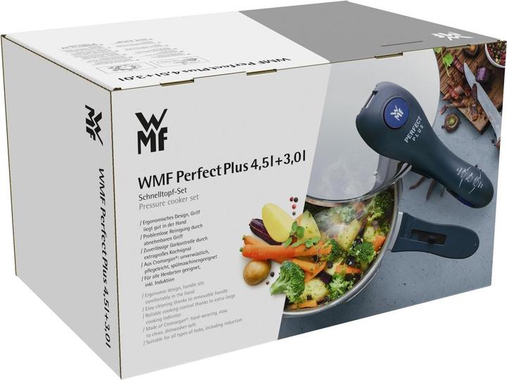 Produktbild WMF Schnellkochtopf 2tlg 4,5+3,0l Dampfkochtopf Perfect Plus Induktion Edelstahl 18/10 (22 cm, Dampfkochtopf)
