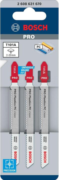 Actual product image Bosch Professional Zubehör PRO Plastics PC clean T101A jigsaw blade, 100 mm, 3 pcs.