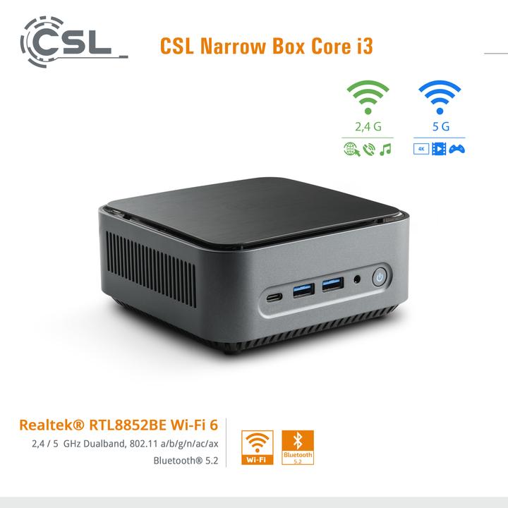 Image du produit CSL Mini PC Narrow Box Core i3 / 32Go / 4000 Go M.2 SSD / Win 11 Pro (Intel Core i3-N305, 32 Go, 4000 Go, Intel UHD Graphics)