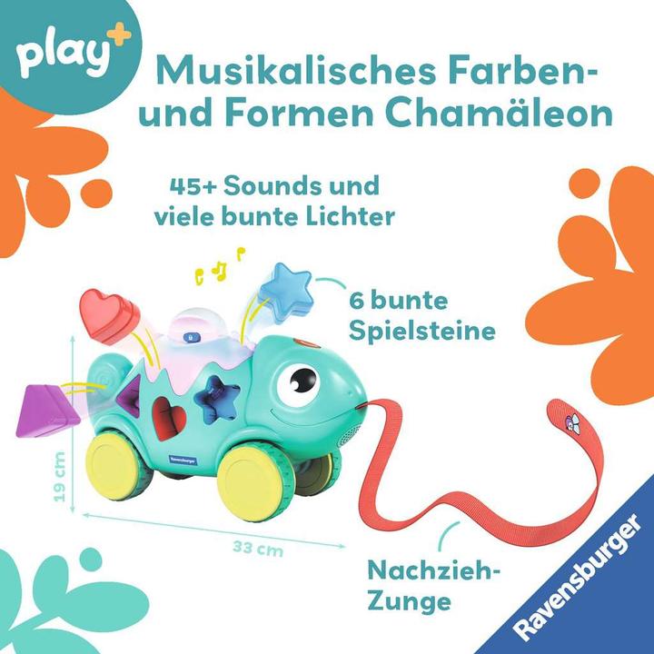 Produktbild Ravensburger 4875 play+ Musikalisches Formen und Farben Chamäleon, Farben- und Formensortierer, mit (Deutsch, Französisch, Englisch)