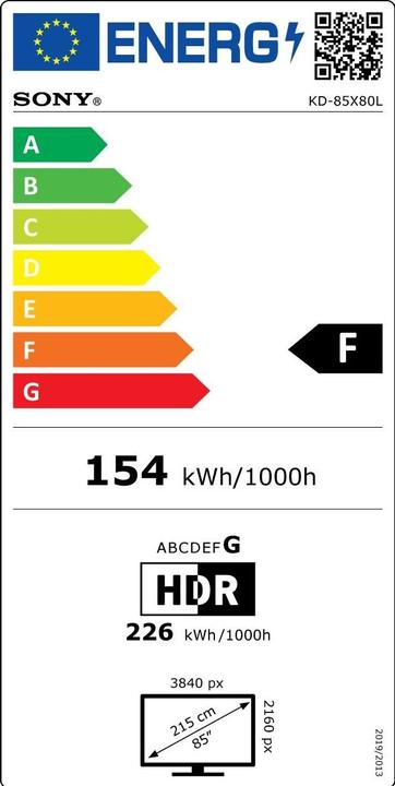 Energy Label Sony Bravia Professional Displays FWD-85X80L - 215 cm (85") (84.65", X80L, LED, 4K, 2023)