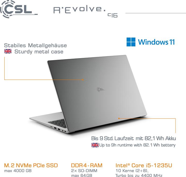 Immagine prodotto CSL Notebook R'Evolve C16 (16", Intel Core i5-1235U, 32 GB, 2000 GB, DE)