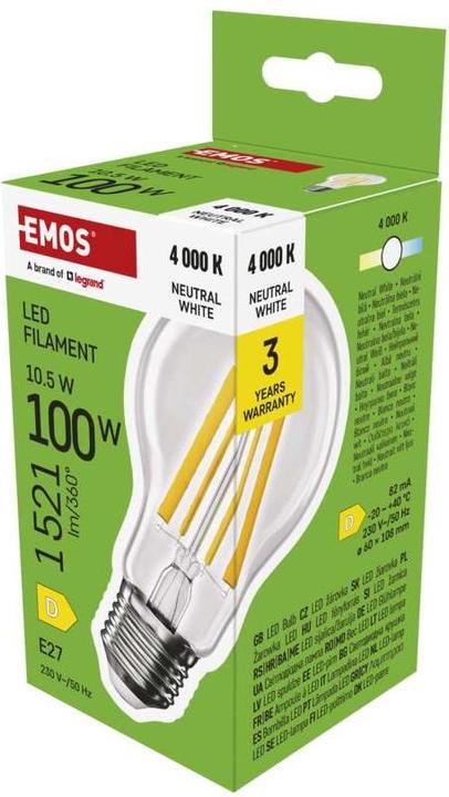 Actual product image Emos LED lamp Filament A60 / E27 / 10.5 W (100 W) / 1521 lm / Neutral white (E27, 10.50 W, 1521 lm, 1 x, D)