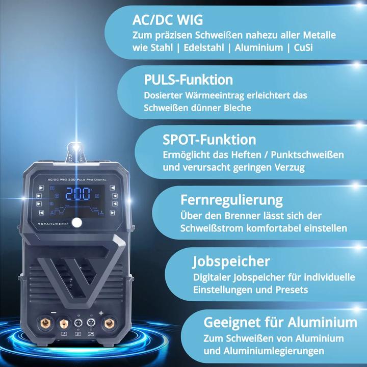 Immagine prodotto Stahlwerk Saldatrice a gas schermante AC/DC TIG 200 Pulse Pro Digital Completamente attrezzata