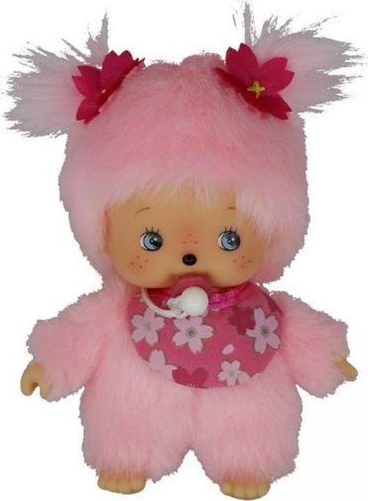 Monchhichi Sekiguchi 242443 Original Bebichhichi meisje kersenbloesem, gemaakt van roze pluche, met slabbetje (16 cm)