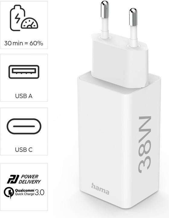 Actual product image Hama Mini Charger, GaN, USB-C Power Delivery (PD) + USB-A QC3.0, 38W, White (38 W)