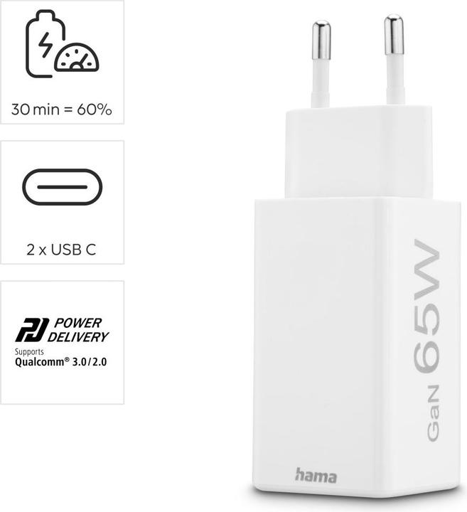 Actual product image Hama Fast charger, GaN, 2x USB-C, PD/Qualcomm®, mini charger, 65 W, white (65 W)