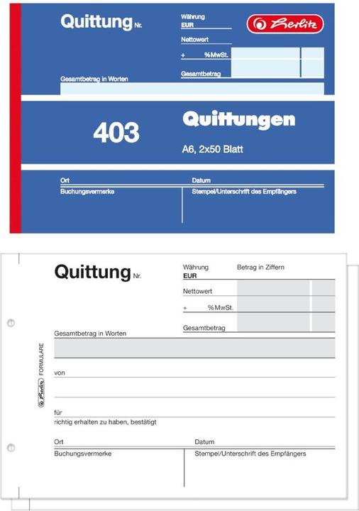 Label énergétique Herlitz Bloc de reçus DIN A6 horizontal non autocopiant 1 copie 2x50 f. (50 x)