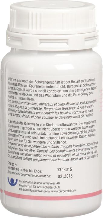 Nutritional values and ingredients Burgerstein Pregnancy and lactation (100 Piece, Pills, 135 g)