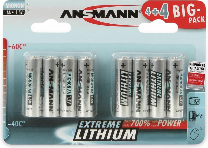 Produktbild Ansmann 4+4 Extreme Lithium AA Mignon LR 6 Big Pack (8 Stk., AA, 2850 mAh)