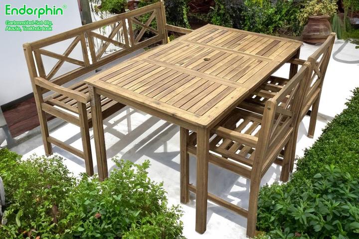 Actual product image Garden seating set made of solid acacia wood in teak look, 4 pieces (table, bench, 2 chairs)