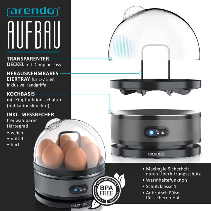 Produktbild Arendo Frühstücks Set, Wasserkocher 1,5l Temperaturwahl, 4-Scheiben Toaster & Eierkocher für 7 Eier, Grau