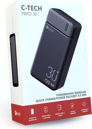Actual product image C-Tech Powerbanka, Li-Pol,, USB-C/USB-A/micro USB (30000 mAh, 20 W)