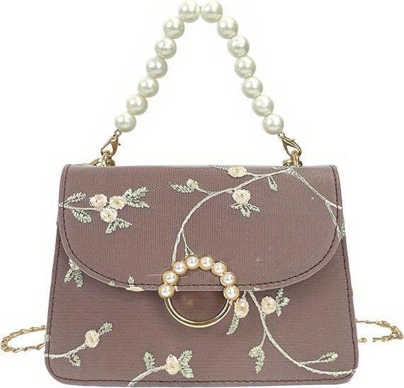 Produktbild Only-Bags.Store Elegante, floral bestickte, quadratische Mini-Tasche mit Kunstperlen-Akzenten und verstellbarem